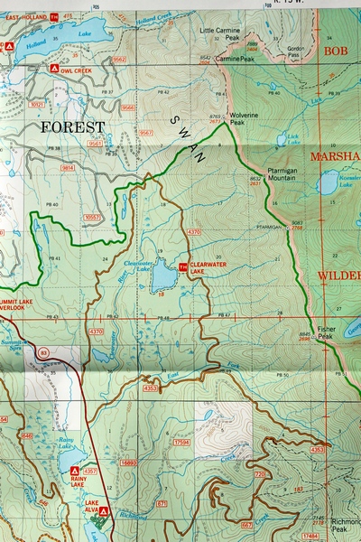 Seeley Lake Ranger District Map (West Half) showing the location of Clearwater Lake and trailhead in the center.