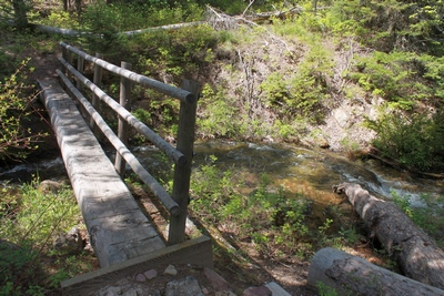 Log foot bridge at Clearwater Lake's out-flowing stream on its northwestern corner.  The stream is the east fork of the Clearwater River.  In the Lolo National Forest north of Seeley Lake Montana.