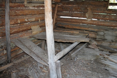 Inside view of the only cabin I saw in Coloma (ghost town) that has not yet collapsed.  Old newspapers can be seen lining the underside of the roof.