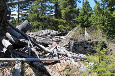Completely collapsed cabin with lower stone wall in Coloma (ghost town) Montana