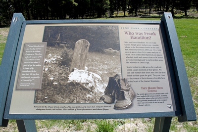 Who was Frank Hamilton?  No one really knows.  Sign at Sand Park Cemetery not far from Coloma (ghost town) where some of the poorer miners appear to have been buried.