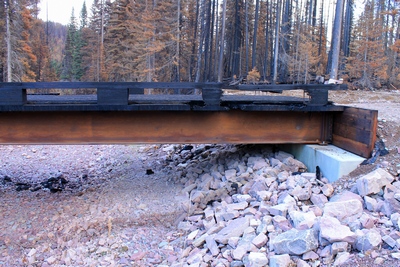 Side view of the burned wooden bridge crossing Morrell Creek on FR 4381 on the way to Morrell Falls trailhead and Pyramid Pass trailhead as it appeared 10/11/17.  The bridge and forest have sustained heavy damage in the Rice Ridge fire.  Morrell Creek below is dry.