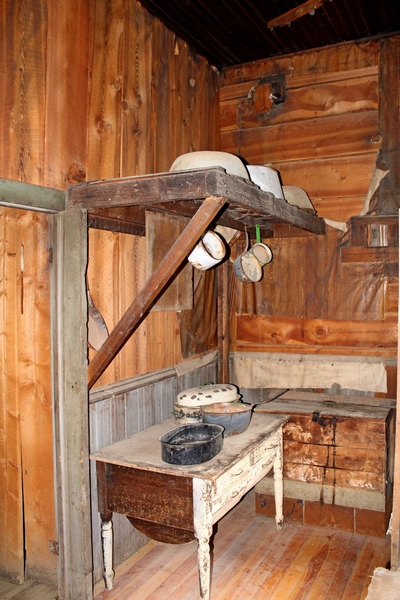 The Wells Hotel, kitchen prep area in the back left corner of the kitchen.  The first floor, which included the kitchen had high ceilings.  Garnet Ghost Town, Montana