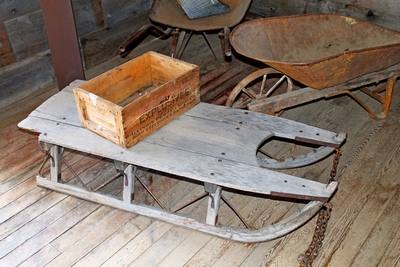 Old sled and other artifacts in Frank Davey's General Store.  Garnet Ghost Town, Montana