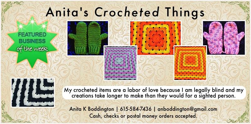 Anita's Crocheted Things - Seeley Lake, MT 'Featured business of the Week' (week ending April 28, 2018) - Anita K Boddington - Crocheted Handbags, Hats, Fingerless Gloves, Mittens, Lap blankets, Legwarmers, Scarves, Baby blankets - 615-584-7436