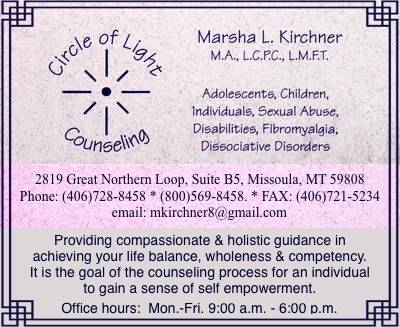 Circle of Light Counseling - Marsha L. Kirchner M.A., L.C.P.C., L.M.F.T. - 2819 Great Northern Loop, Suite B5, Missoula, MT 59808, Phone: 406-728-8458