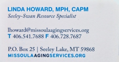 Linda Howard, MPH, CAPM - Seeley-Swan Resource Specialist, Missoula Aging Services, Seeley Lake, MT