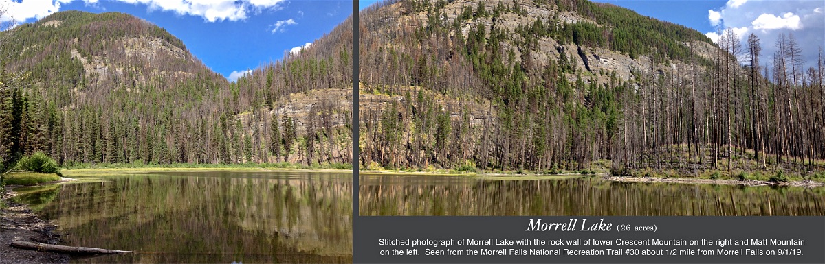Stitched photo of Morrell Lake with the rock wall of lower Crescent Mountain on the right and Matt Mountain on the left as seen from the Morrell Falls National Recreation Trail #30 about 1/2 mile from Morrell Falls on 9/1/19. Things to see in Seeley Lake Montana