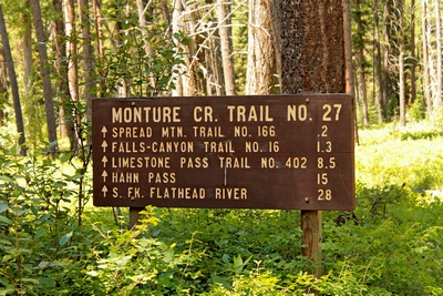 Sign indicating distances posted at the trailhead of the Monture Creek Trail in Powell County western Montana north of Ovando