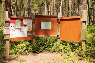 Signs posted at the trailhead of the Monture Creek Trail No. 27 in Powell County western Montana north of Ovando
